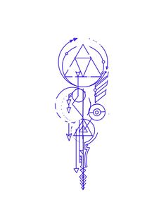 a drawing of a dream catcher with arrows and symbols on it's side, in blue ink