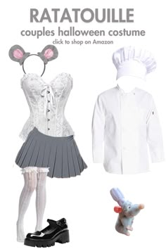 the costume is white and grey with pink ears on it, as well as a mouse head