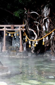 an outdoor hot springs with trees in the background and decorations hanging from it's sides