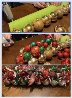 three different pictures of christmas ornaments on a table and in the process of being decorated