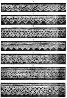 four rows of laces, each with different patterns and sizes on the edges in black and white