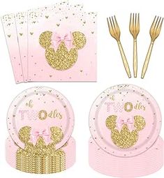 a pink and gold minnie mouse party set with plates, napkins, forks and utensils