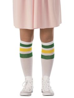 Embody your favorite telepath from head to toe when you put on our Stranger Things Elevens Socks Accessory on Halloween! Youre going to love how you can just pull up your pants leg to reveal the patterned socks that people will recognize from Stranger Things. People are sure to wonder where you got these socks, since they look just like the iconic footwear that Eleven showcases on the hit show Stranger Things, but no need to reveal your secret! Eleven Stranger Things Costume, Mall Dress, Eleven Costume, Stranger Things Halloween Costume, Stranger Things Eleven, Stranger Things Costume, Striped Knee High Socks, Stranger Things Halloween, Eleven Stranger Things