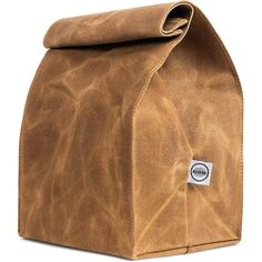 a brown bag with a white tag on the front and back side, sitting on a white background