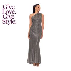 a woman in a silver dress with the words give love, give style