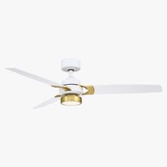 a ceiling fan with two white and gold blades