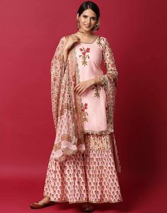 Peach Rayon Block Print Gharara Set Gharara Suits, Golden Pearl, Cotton Kurti