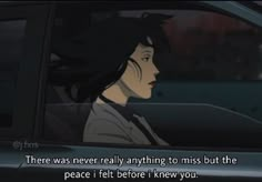 a woman sitting in the passenger seat of a car with an anime quote on it