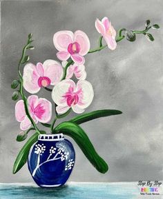 a painting of pink flowers in a blue and white vase on a gray background with green leaves