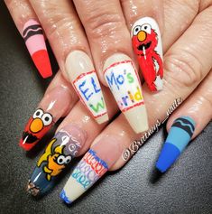 Sesame Street Makeup, Sesame Street Nails Acrylic, Elmo Nails Design, Elmo Nails, Cartoons Nails, Rory Birthday, Elmo Christmas, Nail Glow