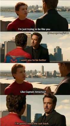 the avengers movie scene with captain america and spider - man in red suits, one is talking