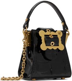 Croc-embossed top handle bag in black. · Fixed carry handle · Detachable curb chain crossbody strap · Bumper studs at base · Magnetic pin-buckle tab at open throat · Moire lining · Logo-engraved antiqued gold-tone hardware · H5 x W4.75 x D3 Supplier color: Black Luxury Satchel Bag With Hardware, Evening Satchel Bag With Hardware Details, Evening Satchel Bag With Hardware, Designer Rectangular Bag With Hardware, Evening Bags With Hardware In Rectangular Shape, Designer Shoulder Bag With Hardware For Evening, Luxury Crossbody Bag With Hardware, Luxury Black Shoulder Bag With Hardware, Vivienne Westwood Bags