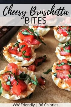 several small appetizers with tomatoes and spinach on them