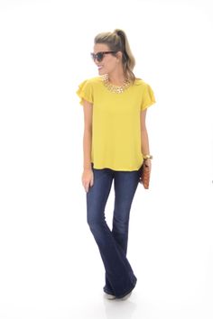 Gracie Ruffle Sleeve Top, Yellow :: SHORT SLEEVE & SLEEVELESS :: Tops :: The Blue Door Boutique Chic Gold Blouse With Ruffles, Chic Gold Short Sleeve Blouse, Gold Short Sleeve Top For Work, Casual Gold Blouse For Day Out, Gold Blouse For Day Out, Ruffle Sleeve Top, Yellow Short, Blue Door, Yellow Top