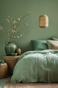 a bed with green sheets and pillows next to a vase filled with flowers on top of a rug