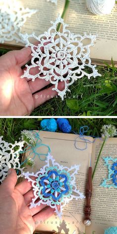 crocheted snowflakes are being made with yarn