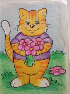 a drawing of a cat holding flowers in its paws