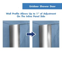 an image of a stainless steel shower door with the text, wall profile allows up to 1 / 4 of adjustments on the line panel side