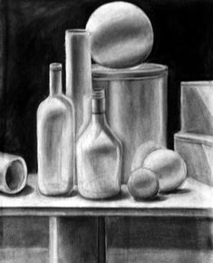 a black and white drawing of bottles and containers on a table with other items in the background