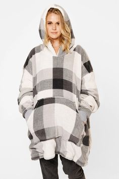 Ready for a comfy night in, this brand new Check Hooded Blanket is your new comfort buddy! Featuring a sumptuously soft touch tartan check outer fabric, with a soft sherpa lining. Expertly matched with elastic cuffs and a double opening front pocket, this will make a fantastic gift for friends or family. Crafted for optimum ease this is a durable, one-step care garment, used as a wearable sweatshirt. Simply wash at 30 degrees. One size fits all with this product and it's ideal for packing up and taking with you to outdoor events. One Size - 68" Waist (circumference), 36" Body (Shoulder to Bottom Edge), 25" Arms (Shoulder to Cuff) Hoodie Blanket, Oasis Fashion, Hooded Blanket, Waist Circumference, Outdoor Events, Sherpa Fleece, Fashion Face, Fantastic Gifts, Fleece Hoodie