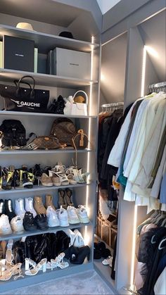 a closet filled with lots of shoes and handbags