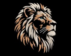 a lion's head with blue eyes on a black background is featured in this embroidery design