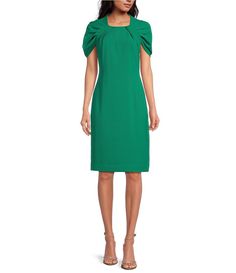 Trina Turk Keshi 2 Crepe Square Neck Short Gathered Sleeve Sheath Dress | Dillard's Evening Knee-length Dress With Gathered Neckline, Evening Dress With Gathered Neckline, Knee-length, Fitted Knee-length Midi Dress With Draped Sleeves, Fitted Dress With Gathered Straight Neckline, Evening Dress With Gathered Neckline, Green Formal Dress With Pleated Sleeves, Fitted Midi Dress With Gathered Straight Neckline, Knee-length Dresses With Gathered Sleeves, Knee-length Dress With Stretch And Gathered Sleeves