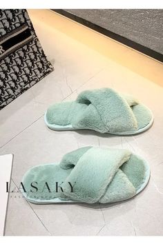 Lasaky - Multi-Colored Cross-Strap Plush Slipper Slides Fuzzy Slippers, Shoe Sole, Hair Clothes, Aqua Green, Cross Straps, Slides, Heel Height, Slippers, Rainbow