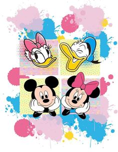 three mickey mouses with different colors and designs on the back of their heads, one is