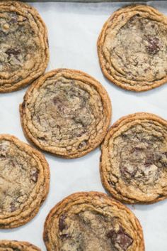 chocolate chip cookies sitting on top of a baking sheet