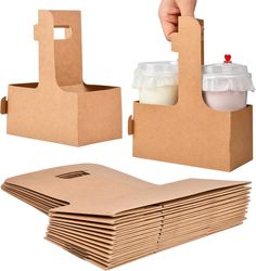 there are many boxes and packages with food in them on the white background, one is holding a cup