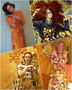 four different pictures of women in colorful clothing and hair, one is wearing an orange dress