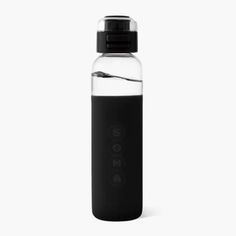 a water bottle that is black and has the word soma on it's side