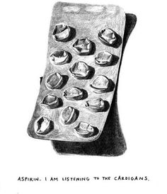 an advertisement for asprin i am listening to the cardigans, with a drawing of a tray of chocolate candies