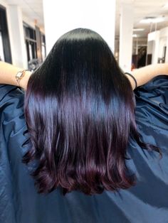 Subtle Purple Hair Highlights, Plum Hair Balayage, Short Eggplant Hair, Dark Violet Balayage, Winter Berry Hair, Raspberry Brown Hair, Plum Highlights On Dark Hair, Eggplant Hair Color, Dark Brown Purple Hair Burgundy