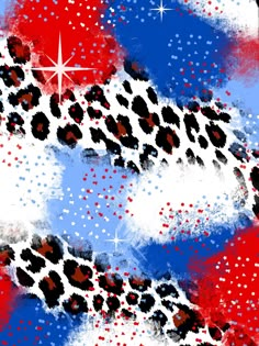 an abstract painting with red, white and blue spots in the middle of it's image