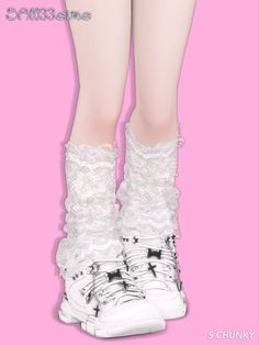 a pair of white shoes with lace and bows on the bottom are shown in front of a pink background