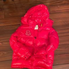 Beautiful Red Moncler Puffer Jacket - Men’s Size X Small Designer Outerwear With Detachable Hood And Long Sleeves, Luxury Red Winter Outerwear, Designer Red Outerwear For Streetwear, Designer Long Sleeve Puffer Jacket For Winter, Designer Red Hooded Outerwear, Designer Red Long Sleeve Outerwear, Moncler Puffer Jacket, Moncler Puffer, Hooded Gilet