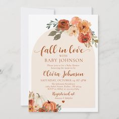 the fall in love baby shower is shown with an orange and pink floral arrangement on it