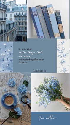 the collage shows blue flowers, books and an old fashioned book with writing on it