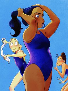 an animated image of a woman in a bathing suit with other women around her,