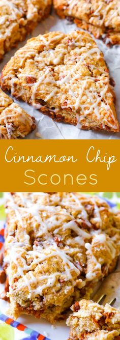 cinnamon chip scones with white icing on top and the words, cinnamon chip scones