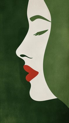 a painting of a woman's face with red lips and green hair, on a dark green background