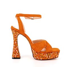 Shop Orange Suede Rhinestone Platform Ankle Strap Spool Heel Party Sandals color Orange for Anniversary, Going out, Hanging out with worldwide Free shipping & Free return. Bedazzled Sandals For Spring Party, Bedazzled Heels For Summer Party, Summer Party Bedazzled Heels, Wedding Cheongsam, Gogo Boots, Spool Heel, Rhinestone Heels, White Heels, Prom Shoes