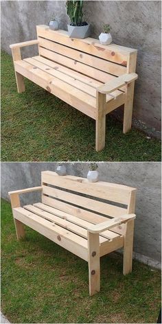 two pictures of a wooden bench in the grass with potted plants on top and bottom