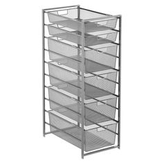 a large metal shelf with six baskets on the bottom and two shelves below it,