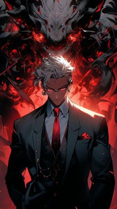 a man in a suit and tie standing next to a demonic demon with his hands on his hips