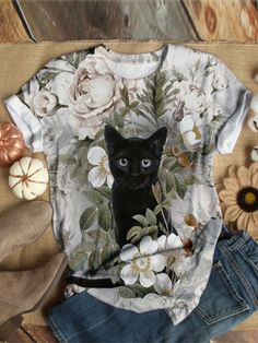 Bestdealfriday Cat Pattern Casual Floral PrinT-Shirts Tops 9106454 Floral Print Shirt, Floral Print Tops, Cat T, Cat Pattern, Animal Shirts, Online Tops, Unique Designers, Shirt Sale, Cat Tshirt