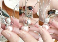 two pictures of hands holding some kind of wire with pearls attached to the end of it