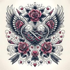 an artistic tattoo design with roses and hearts on the side, surrounded by angel wings